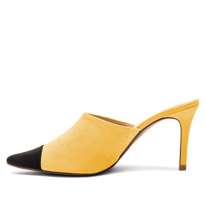 Yellow and Black Vegan Suede Pointed Toe Stiletto Heel Mules Shoes