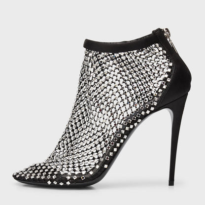 Black Round Toe Stiletto Booties Rhinestone Mesh Ankle Boots
