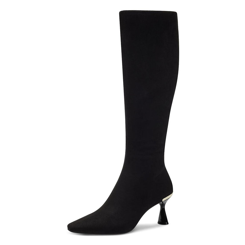 Black Faux Suede Closed Pointed Toe Flared Heel Knee High Boots