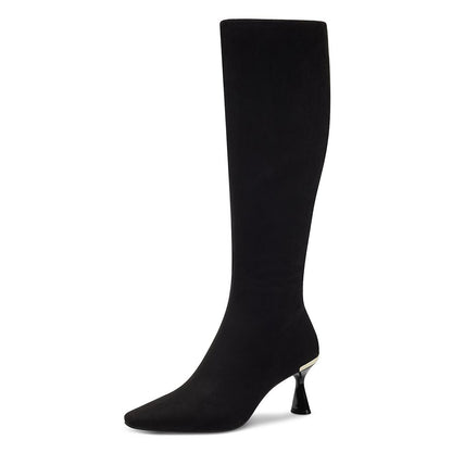 Black Faux Suede Closed Pointed Toe Flared Heel Knee High Boots