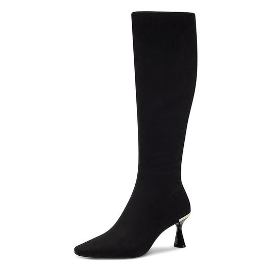 Black Faux Suede Closed Pointed Toe Flared Heel Knee High Boots