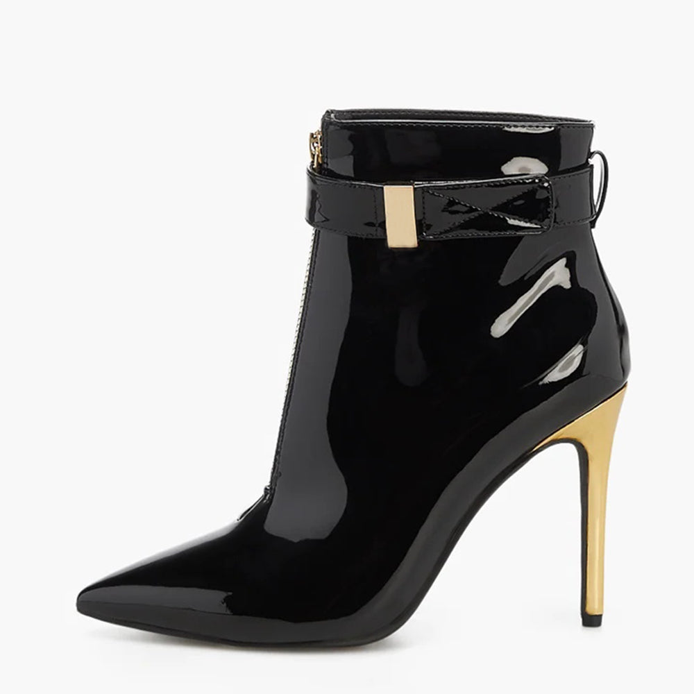 Black Patent Leather Front Zipper Stiletto Heel Ankle Boots