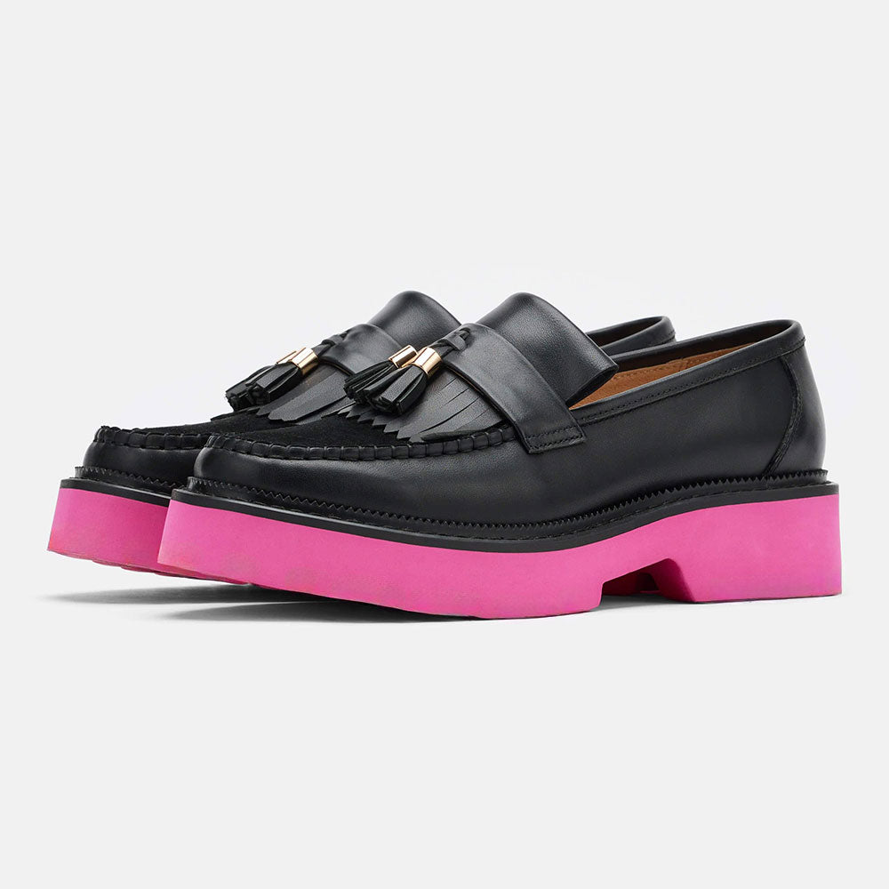 Pink & Black Round Toe Tassel and Fringe Chunky Loafers Women