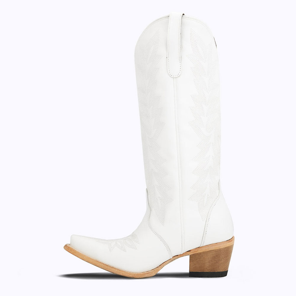 White Snip Toe Chunky Heel Embroidered Knee High Boots with Zipper