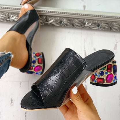 Black & Clear Open Toe Decorative Heel Mules