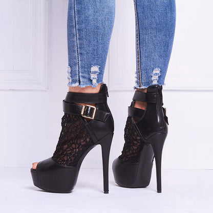 Black Peep Toe Platform Shoes Women's Stilettos Heel Lace Ankle Boots