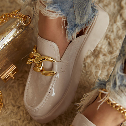 Beige Patent Leather Round Toe Chunky Mule Loafers with Metal Chain