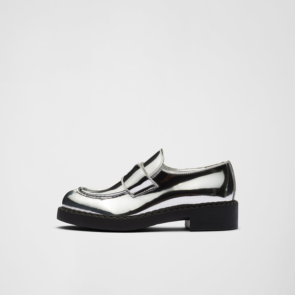 Silver Vegan Leather Round Toe Block Heel Platform Loafers