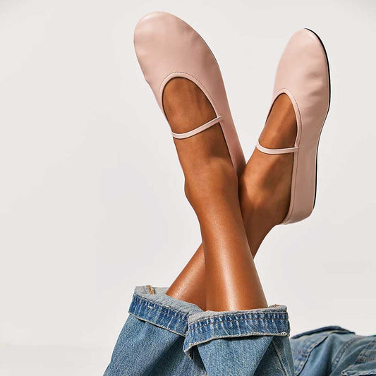 Women's Simple Pink Round Toe Vamp Strap Casual Ballet Flats