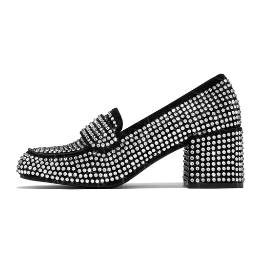 Sparkly Black Square Toe Chunky Heel Rhinestone Women's Loafers