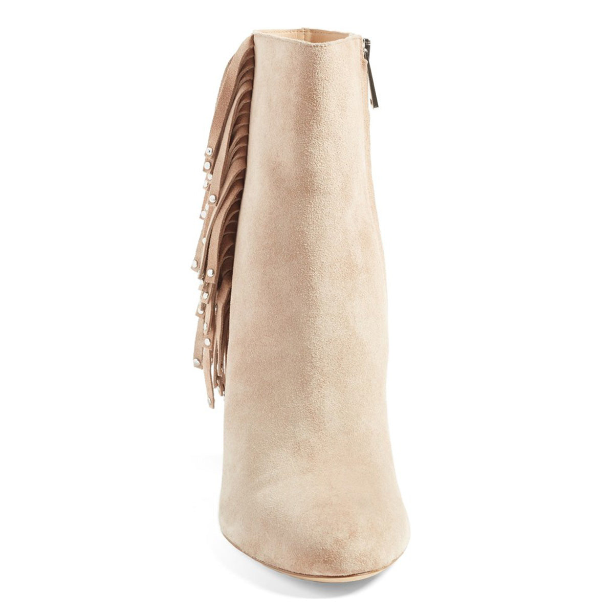 Beige Vegan Suede Studded Fringe Booties Chunky Heel Ankle Boots