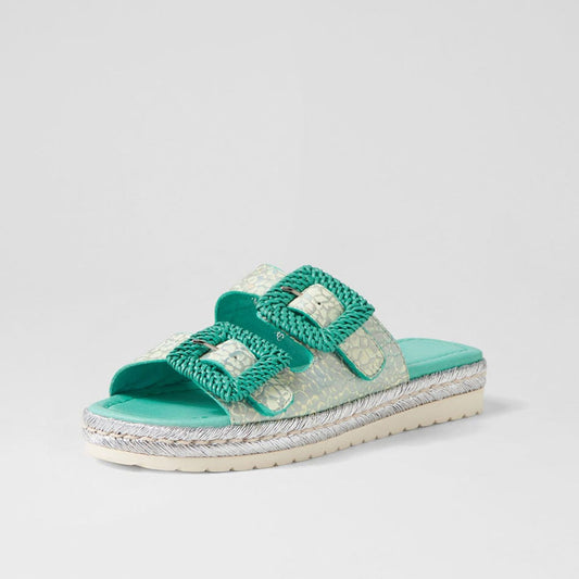 Women's Turquoise Woven Square Buckle Espadrille Slides Shoes