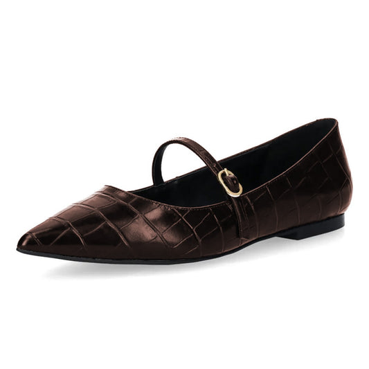 Chic Croc Embossed Buckle Strap Pointed Toe Flats in Brown