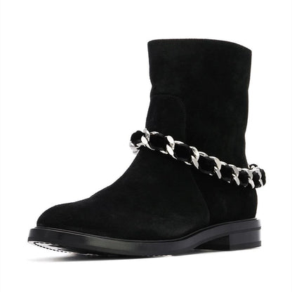 Women's Black Casual Vegan Suede Flats Ankle Boots with Chain