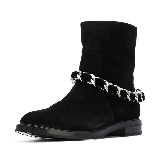 Women's Black Casual Vegan Suede Flats Ankle Boots with Chain