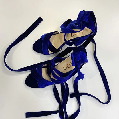 Midnight Blue Velvet Open Toe Elegant Strappy High Heel Sandals