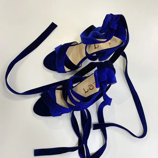 Midnight Blue Velvet Open Toe Elegant Strappy High Heel Sandals