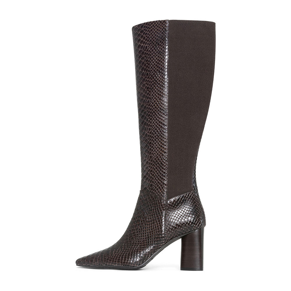 Dark Brown Square Toe Snakeskin Embossed Chunky Heel Knee High Boots
