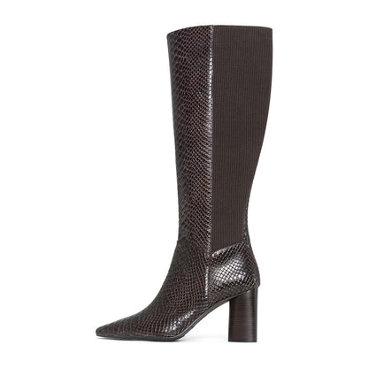 Dark Brown Square Toe Snakeskin Embossed Chunky Heel Knee High Boots