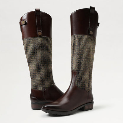 Brown Patchwork Round Toe Chunky Heel Zipper Riding Knee High Boots