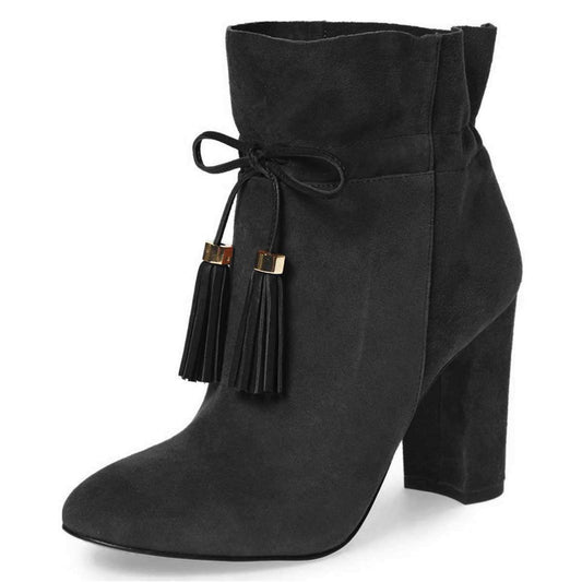 Black Tasseled Drawstring Tie Front Closed Toe Block Heel Ankle Boots