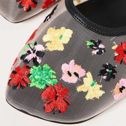 White Mesh Multi Color Floral Embroidery Buckle Strap Mary Jane Flats