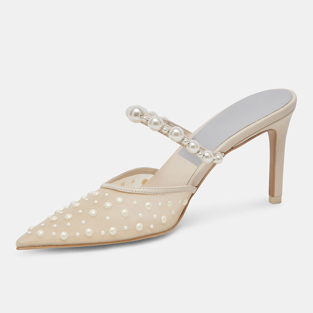 Beige Mesh Pointed Toe Pearl Embellished Wedding Shoes Mule Heels