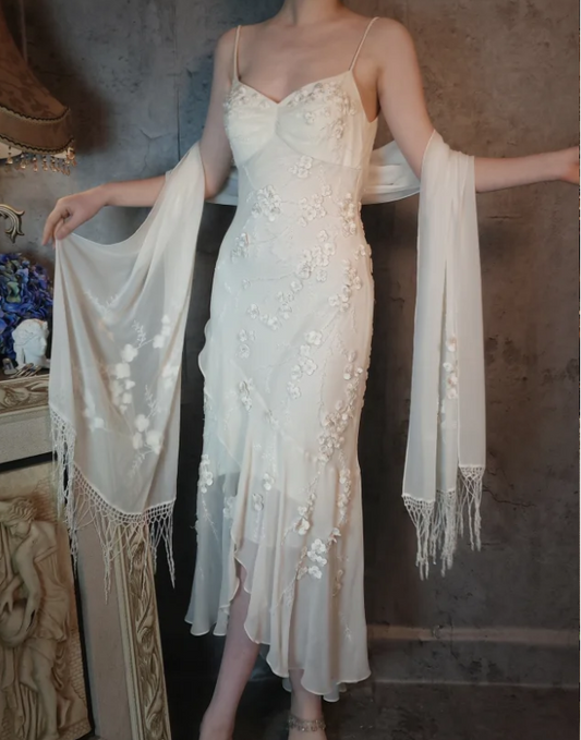 Elegant Ivory Mermaid V-Neck Thin Straps 3D Floral Chiffon Long Prom Dress Evening Dress P4318