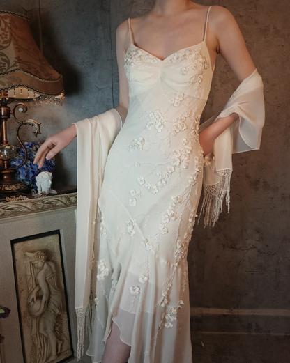 Elegant Ivory Mermaid V-Neck Thin Straps 3D Floral Chiffon Long Prom Dress Evening Dress P4318