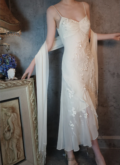 Elegant Ivory Mermaid V-Neck Thin Straps 3D Floral Chiffon Long Prom Dress Evening Dress P4318