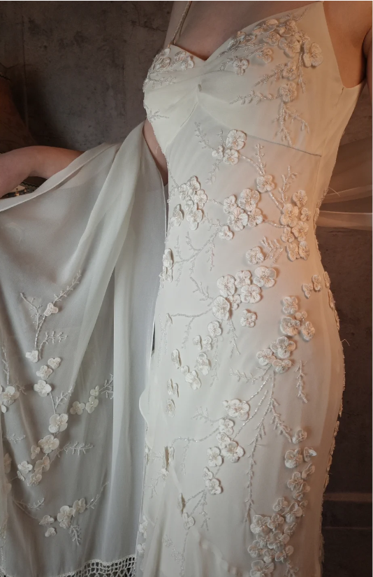 Elegant Ivory Mermaid V-Neck Thin Straps 3D Floral Chiffon Long Prom Dress Evening Dress P4318