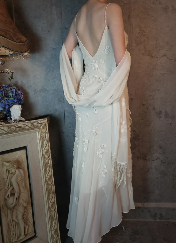 Elegant Ivory Mermaid V-Neck Thin Straps 3D Floral Chiffon Long Prom Dress Evening Dress P4318