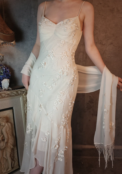 Elegant Ivory Mermaid V-Neck Thin Straps 3D Floral Chiffon Long Prom Dress Evening Dress P4318