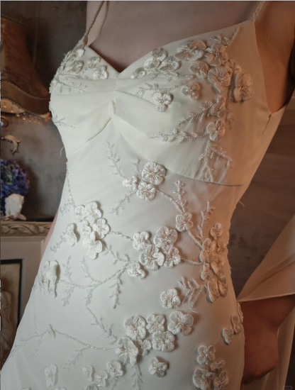 Elegant Ivory Mermaid V-Neck Thin Straps 3D Floral Chiffon Long Prom Dress Evening Dress P4318