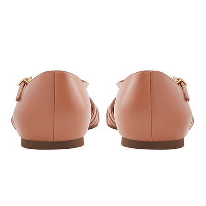 Natural Caged Woven T-Strap Round Toe Flat Shoes for Women with Buckle