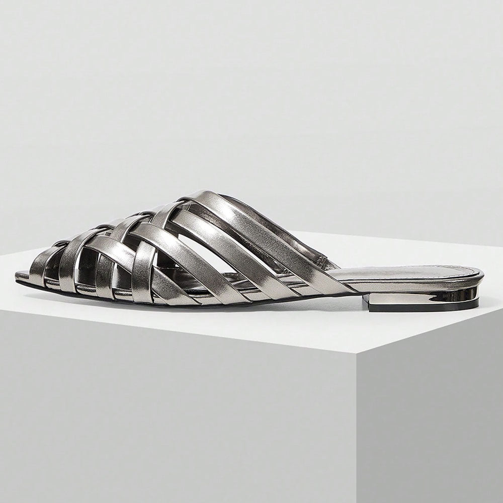 Women's Woven Metallic Finish Pointed Toe Flat Mules Sandals in Gray