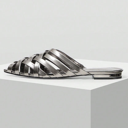 Women's Woven Metallic Finish Pointed Toe Flat Mules Sandals in Gray