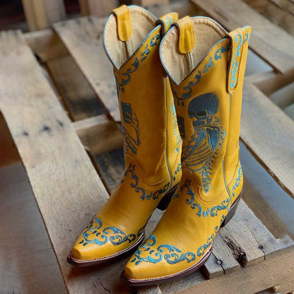 Yellow Chunky Heel Skeleton Embroidered Cowgirl Boots for Women