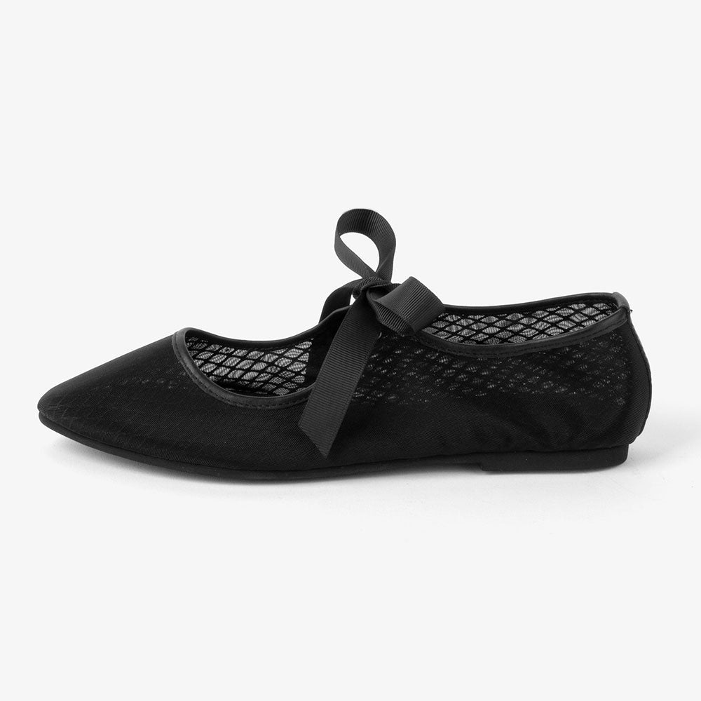 Women's Classic Black Closed-Toe Tie-Up Ballet Mesh Flats