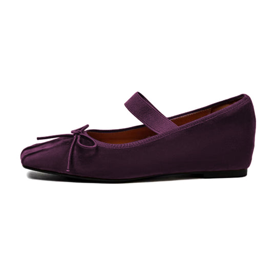 Dark Purple Vegan Suede Square Toe Ballet Flats with a Strap