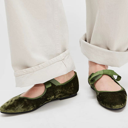 Green Velvet Almond Toe Bow Strap Decor Ballet Flats for Women