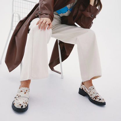 White Closed Toe Spotted Design Low Chunky Heel Womens Loafers