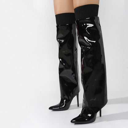 Black Patent Leather Fold-Over Knee High Boots with Stiletto Heels