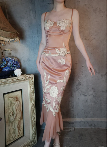Elegant Pink Mermaid Spaghetti Strap Lace Embroidered Satin Prom Dress Evening Dress P4320