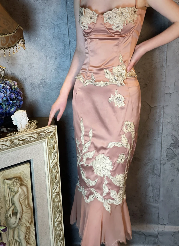 Elegant Pink Mermaid Spaghetti Strap Lace Embroidered Satin Prom Dress Evening Dress P4320