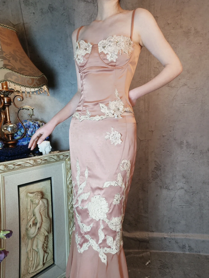 Elegant Pink Mermaid Spaghetti Strap Lace Embroidered Satin Prom Dress Evening Dress P4320