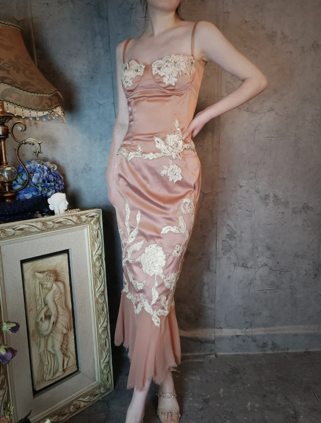Elegant Pink Mermaid Spaghetti Strap Lace Embroidered Satin Prom Dress Evening Dress P4320