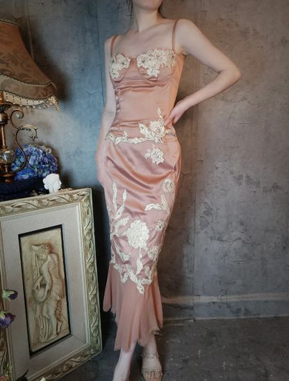 Elegant Pink Mermaid Spaghetti Strap Lace Embroidered Satin Prom Dress Evening Dress P4320