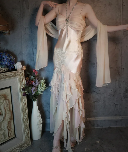 Elegant Light Pink Mermaid Beaded Layered Ruffled Satin Prom Dress Evening Dress P4321