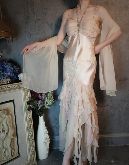 Elegant Light Pink Mermaid Beaded Layered Ruffled Satin Prom Dress Evening Dress P4321